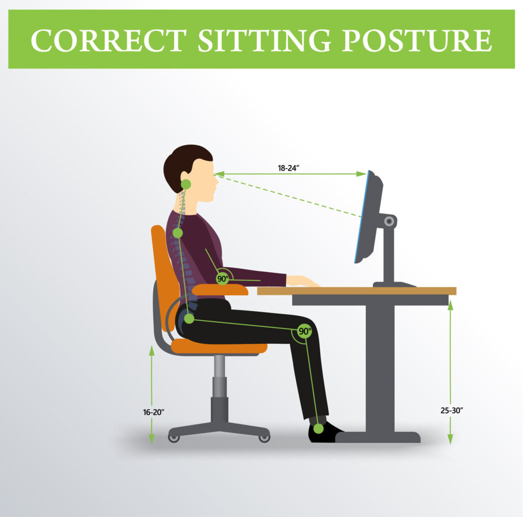 Office ergonomics. Correct sitting posture of a man near the computer