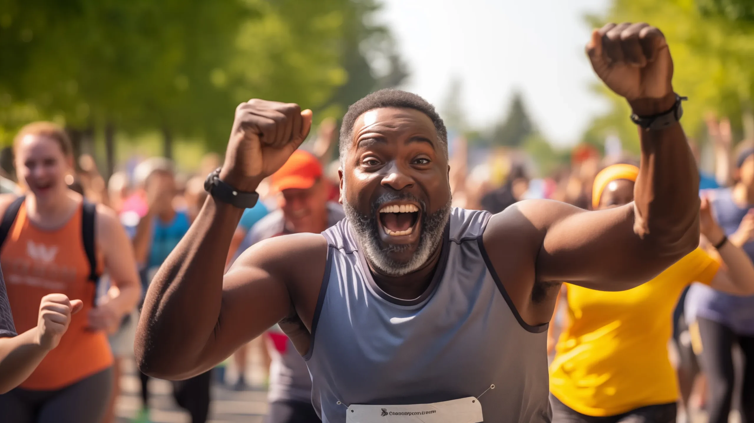 Guy excited after finishing a road race